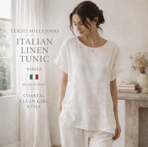 Made in Italy Linen Tunic Top Sm White Minimalist Coastal Lagenlook Button Back